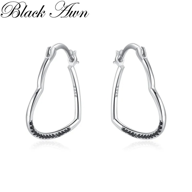 

Black Awn 2024 New Heart Hoop Earrings For Women Classic Silver Color Trendy Spinel Engagement Fashion Jewelry I269