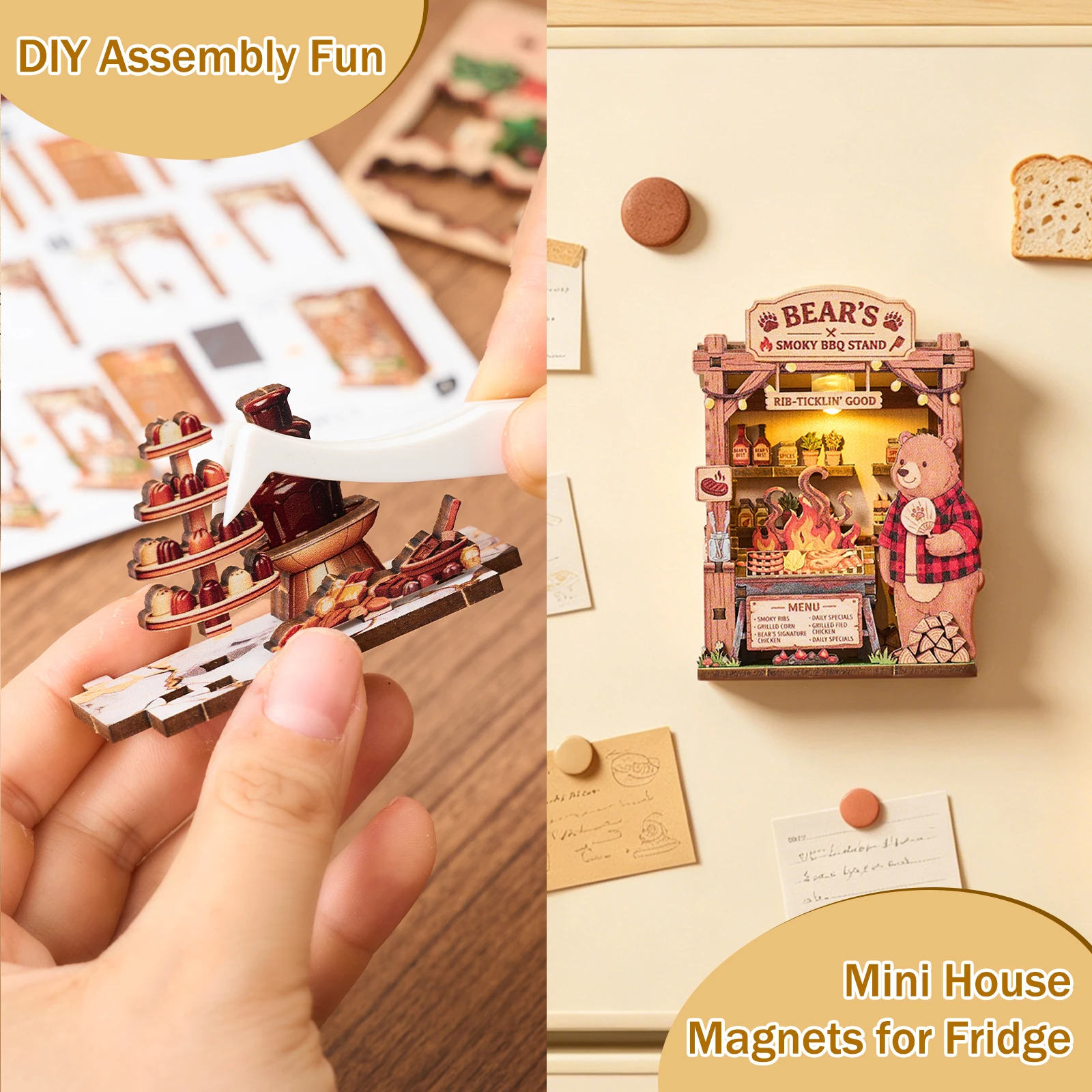 Fridge Magnet DIY 3D Wooden Puzzle Toy Mini House Handmade Animals