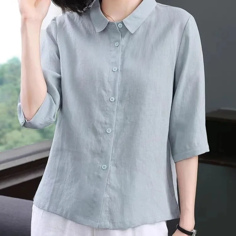 

Womens Cotton Turn Down Collar Shirt Casual Loose Three Quarter Sleeve Blouse