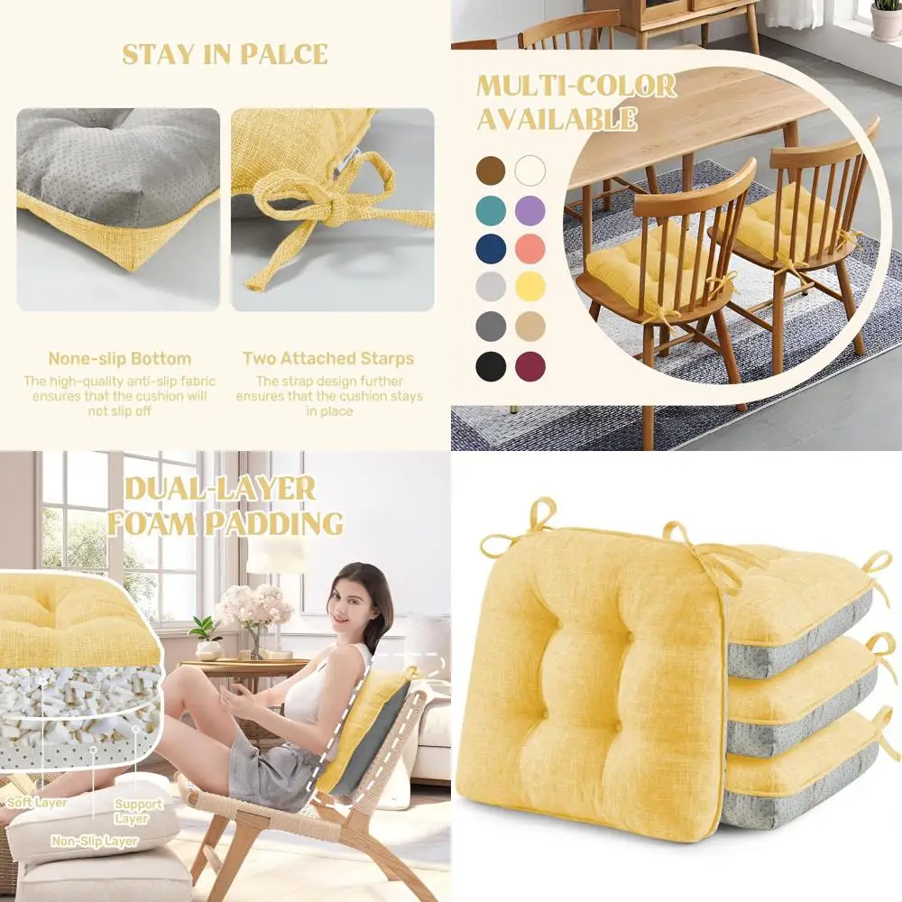 

Подушки для обеденных стульев, подушечки из пены с эффектом памяти, нескользящие, моющиеся, набор из 4 шт., 15,5 x 15,5, желтые