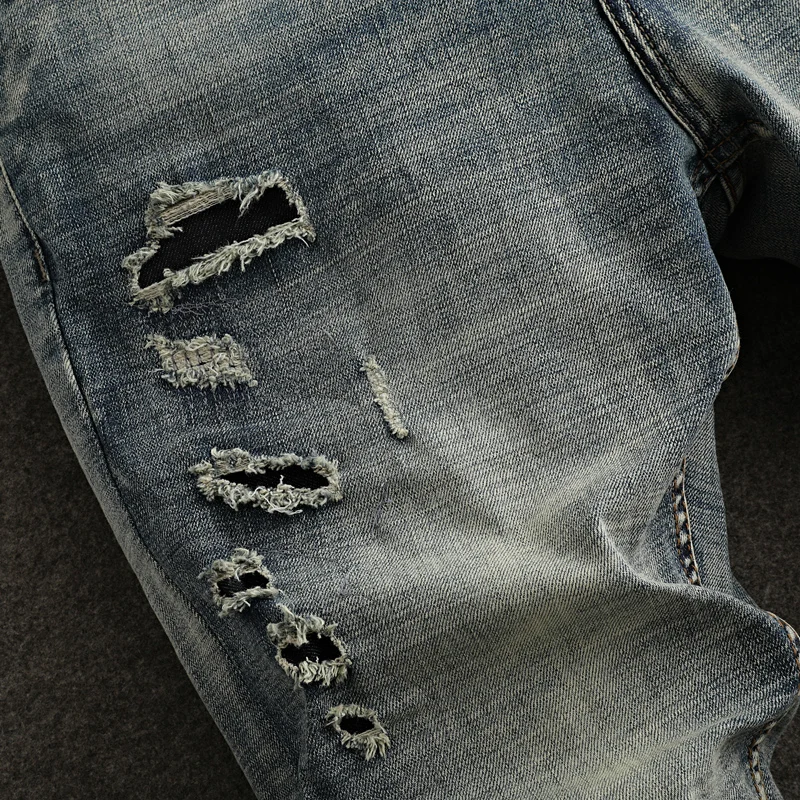 Fashion Designer Men Jeans High Quality Retro Washed Blue Stretch Slim Fit Ripped Jeans Men Hole Patched Vintage Denim Pants