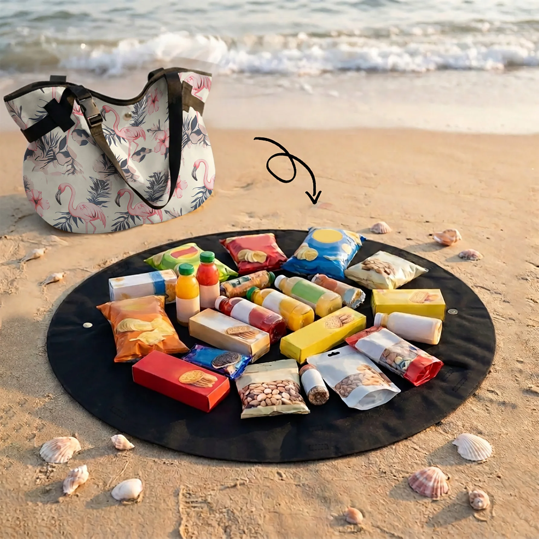 Flamingo Palm Leaf Print 2 In 1 Tote Bag & Round Picnic Mat, Waterproof Foldable Mat For Camping Beach Picnic Travel