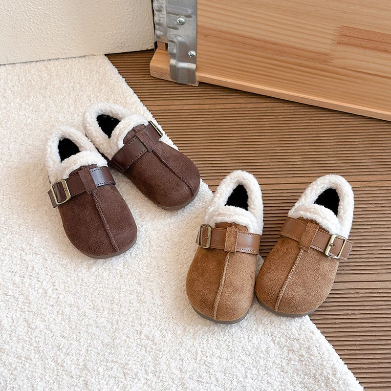 Winter Boys Girl's Footwear Plush Sewing Hook-loop Casual Kid's Flat Shoe Solid Color Anti-slip Daily Warm Trendy Children Shoes