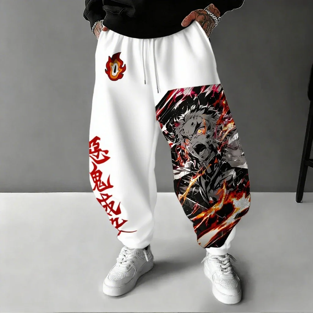 Demon Slayer Anime hombre 2026 Otoño/Invierno pantalones deportivos Rengoku Kyoujurou estampado dibujado a mano deportes Casual moda pantalones ajustados