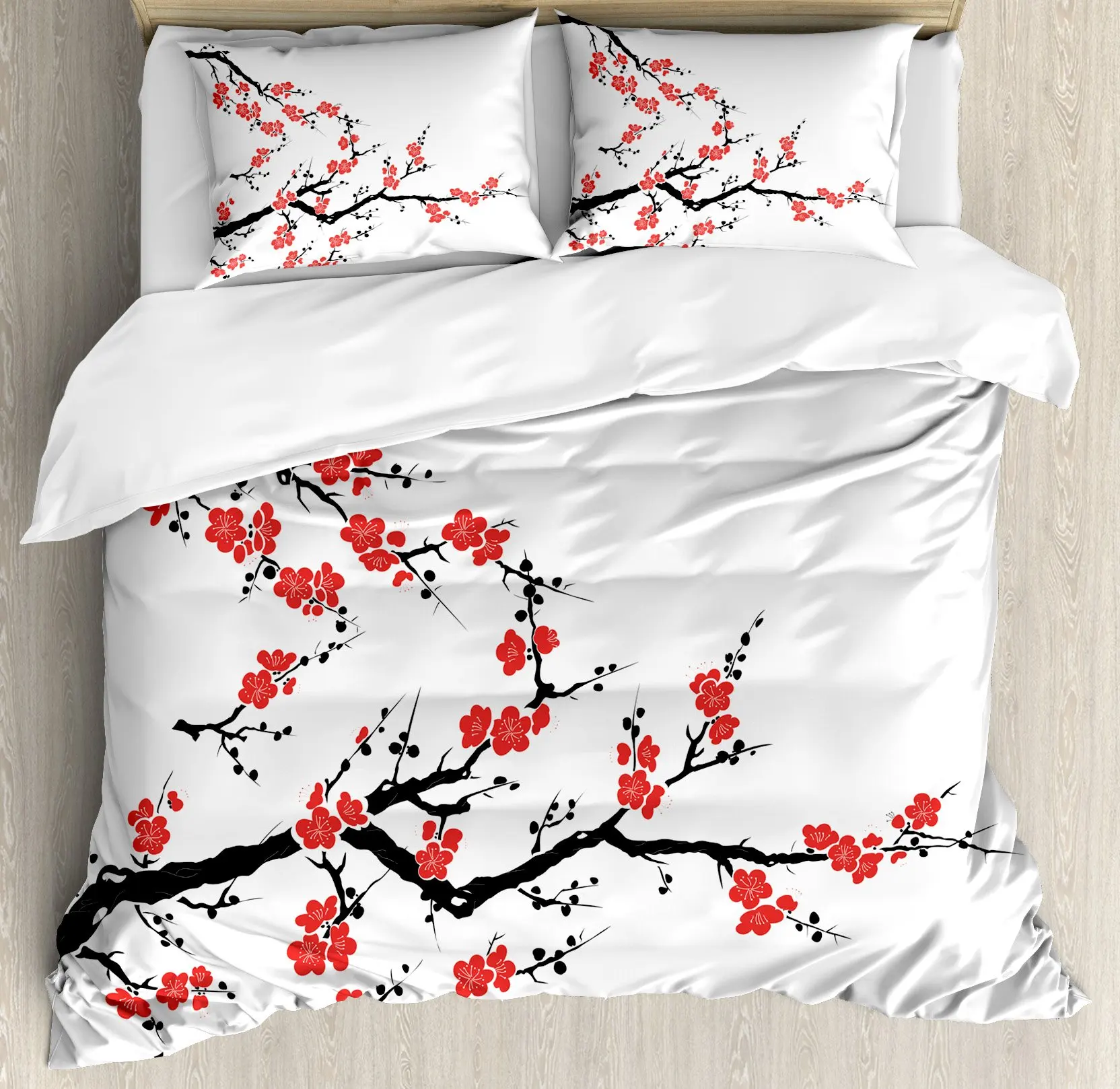 Japanese Duvet Cover Set Simplistic Cherry Blossom Tree Botanic Themed Pattern Fresh Organic Lines Bedding Set For Kids Girls