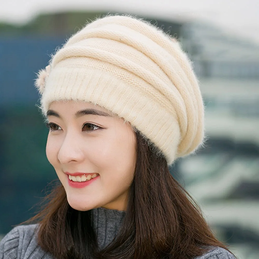 

Keep Warm Knitted Wool Winter Flower Hat Warm Soft Women's Cap Pure Color Mom Hat Autumn Winter