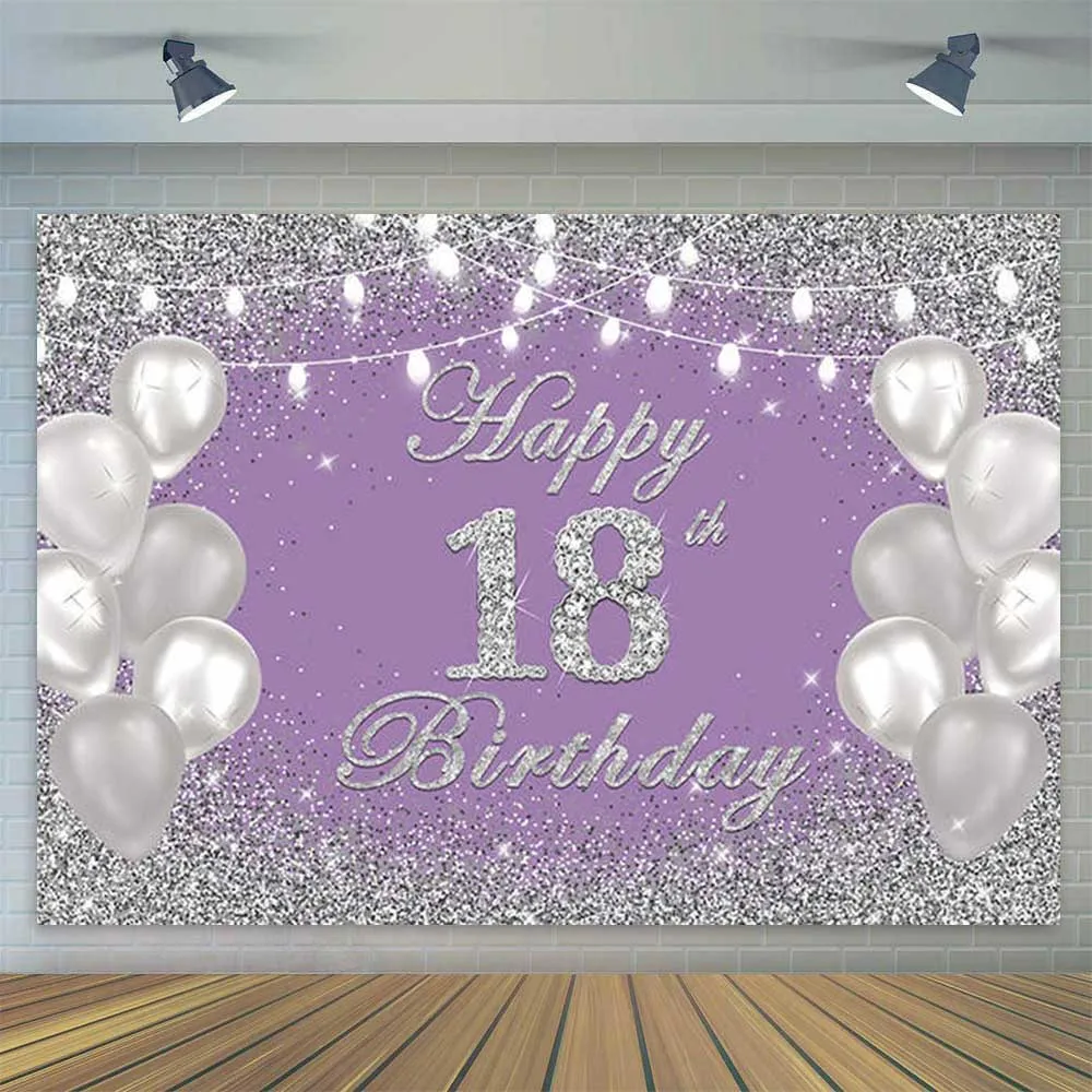 Silver Purple Backdrop for Girl Women Eighteen 18th Birthday Party Decor Banner Poster Photography Background Vinyl 7x5ft Custom