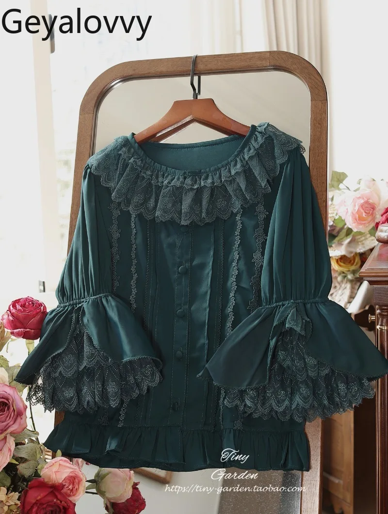 

Spring Summer Versatile Lace Round Neck Solid Color Shirt Japanese Lolita Sweet Girl OP Flared Half Sleeve Single-Breasted Top