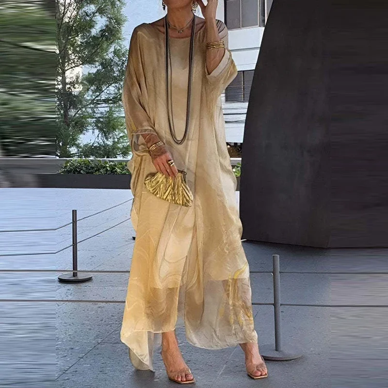 

Elegant Marble Texture Print Commuting Dress Women Spring Round Neck Long Chiffon Dresses Summer Batwing Sleeve Loose Boho Dress