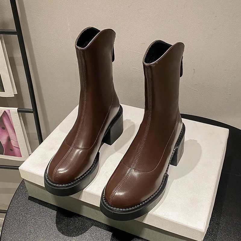 Botas cortas de tacón alto para mujer, zapatos de media pantorrilla con tacón cuadrado, novedad de otoño e invierno, 2024