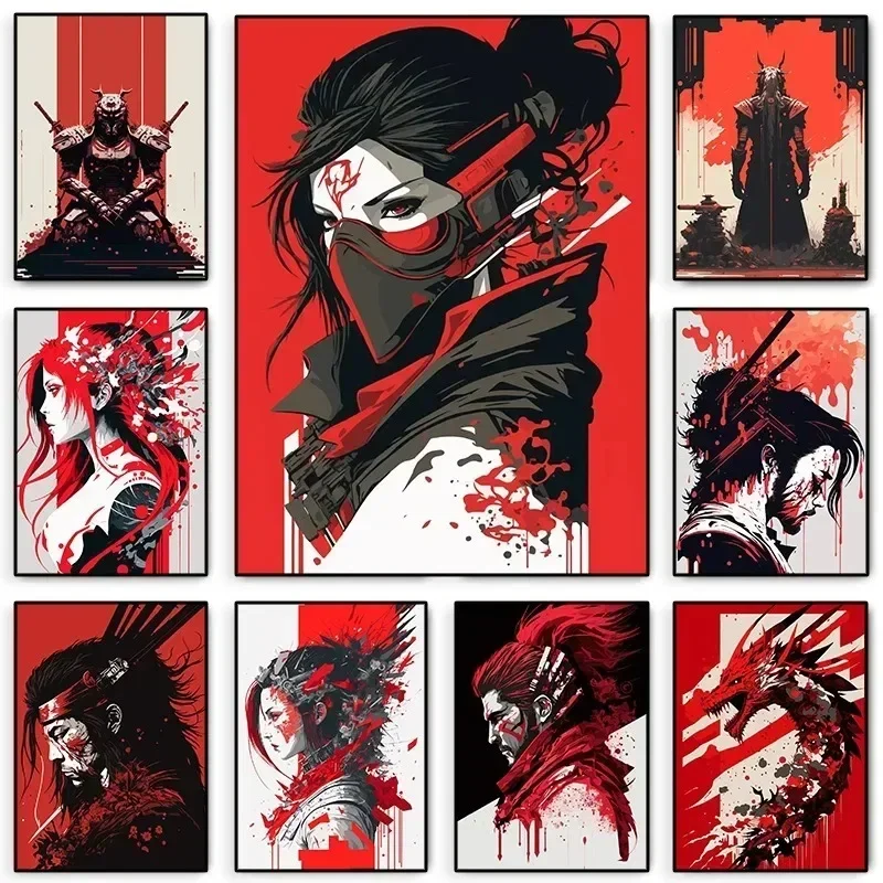 Póster de arte Pop de chica Cyberpunk japonesa, lienzo impreso de samurái rojo sangre, arte de pared para decoración del hogar y la sala de estar