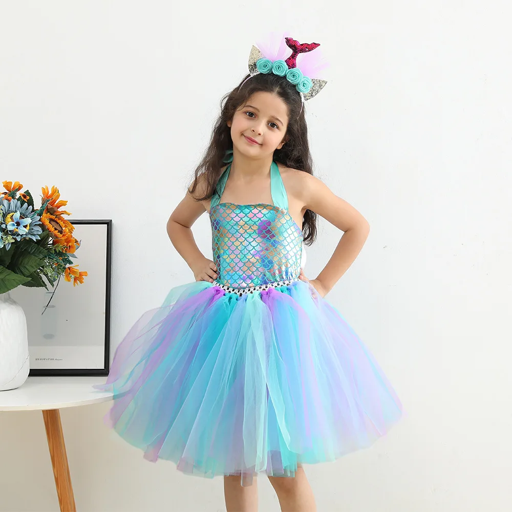 Kids Girls Cosplay Party Dress Princess Dress Up Mermaid Tulle Tutu Dresses Theme Birthday Party Costume with Flower Headband