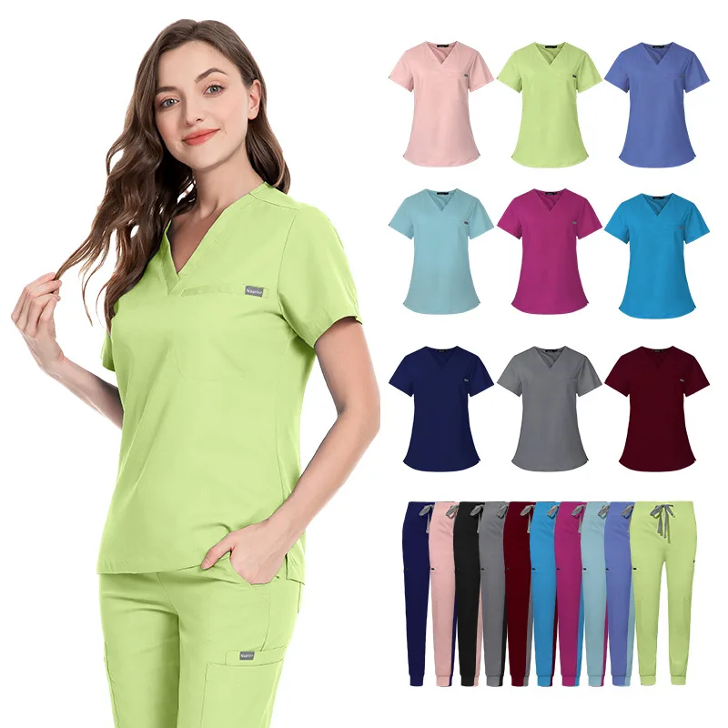 

Comfortable Hospital Scrub Set Short Sleeve V Neck Scrub Suit Nurse Clinic Surgical Scrubs Dental Wash Scrub Top Bottom Set