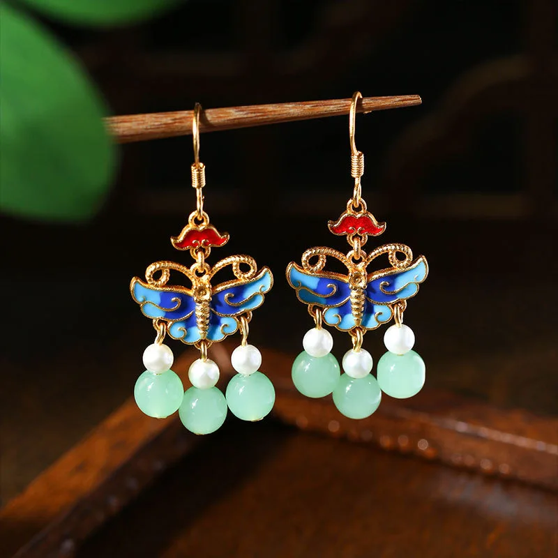 Ethnic Chinese Butterfly Flower Shape Earrings for Women Jade Bead Pearl Pendant Luxury Palace Jewelry Vintage Design Charm Gift