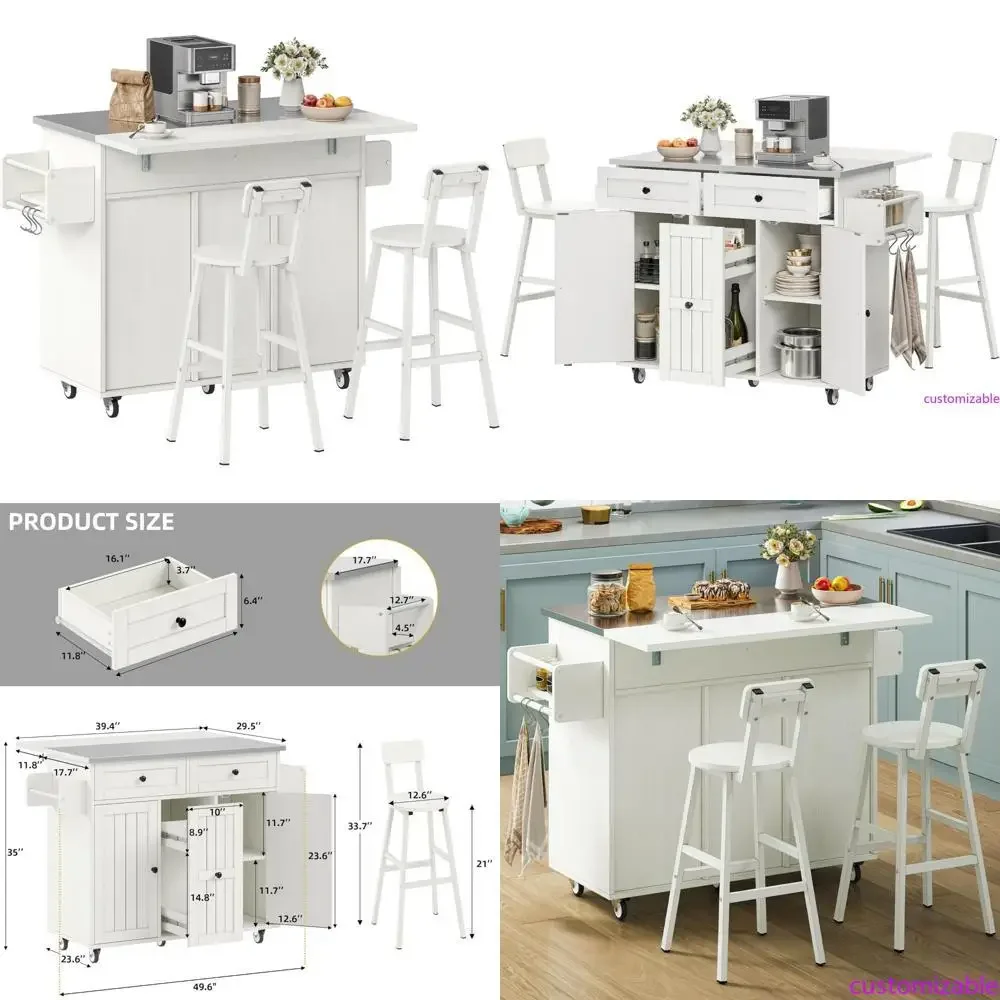 

Мобильный кухонный остров DWVO с откидной столешницей и местами для сидения, большой стол-стеллаж для хранения с выдвижными ящиками