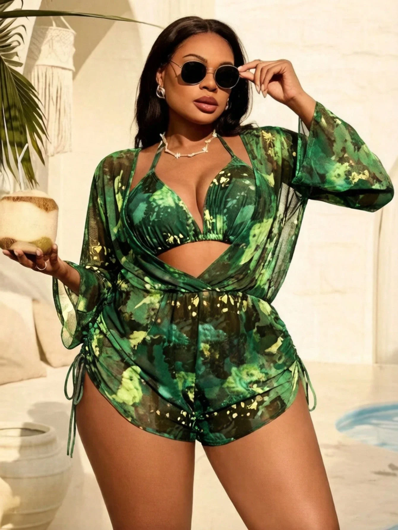 

Plus Size 3-Piece Beach Set: Tie-Dye Halter Bikini, Sheer Long Sleeve Cover-Up With Side Ties And Shorts