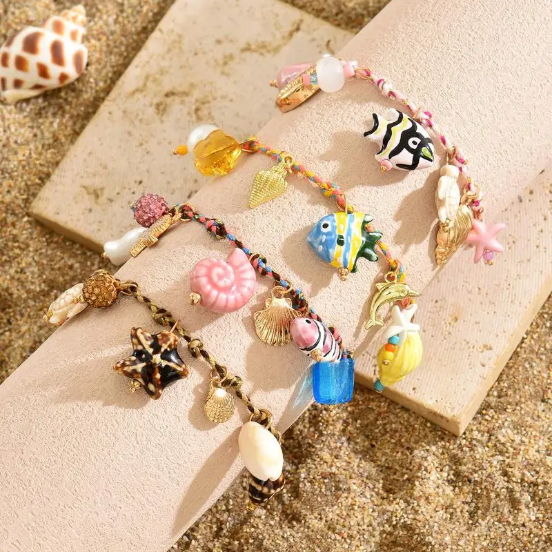 Cute Colorful Ceramic Small Fish Starfish Anklet For Women Fashion Colorful Woven Adjustable Foot Chain Beach Jewelry Gifts