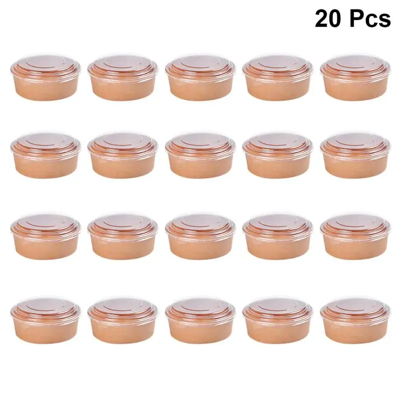 20pcs Bowls Paper Containers Lids With Soup Disposable Meal Cups Salad Food Kraft Box Cream Ice Snack Storage Candy Round Sundae