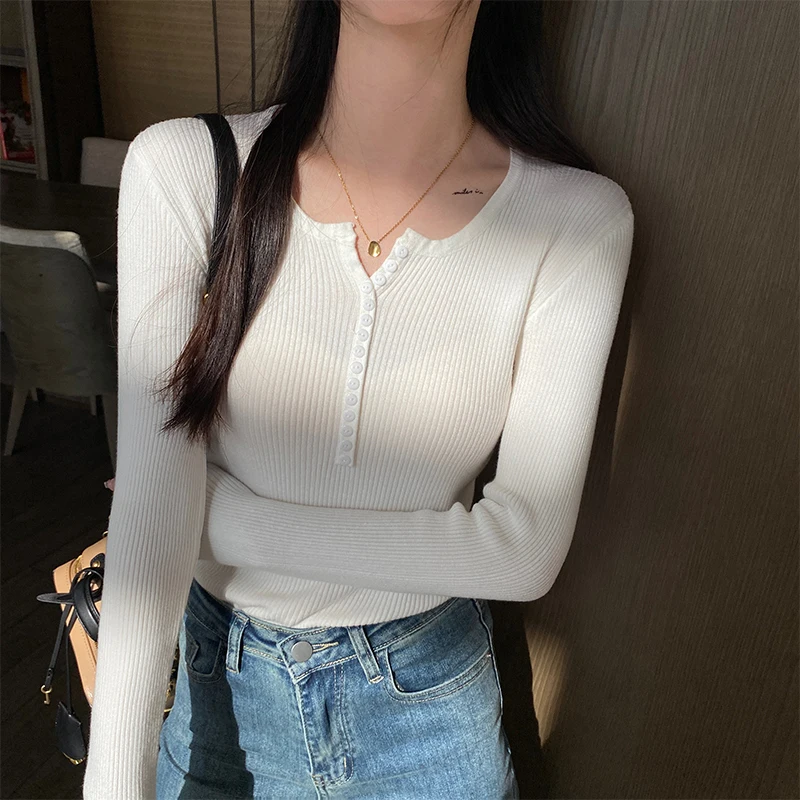 

Spring Autumn Skinny Elastic Knitted Shirt Women Pullover Sweater Tops Female Long Sleeve Slim Knit Bottoming Shirts Knitwear