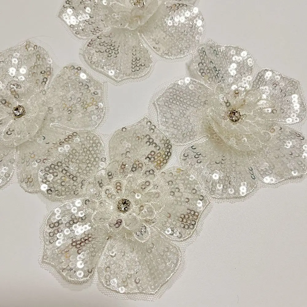 Black White 3D Sequins Beaded Patches Flower Leaves Design Bridal Veil Lace Clothing Patch 9cm Wedding Gown Clothing Headwear