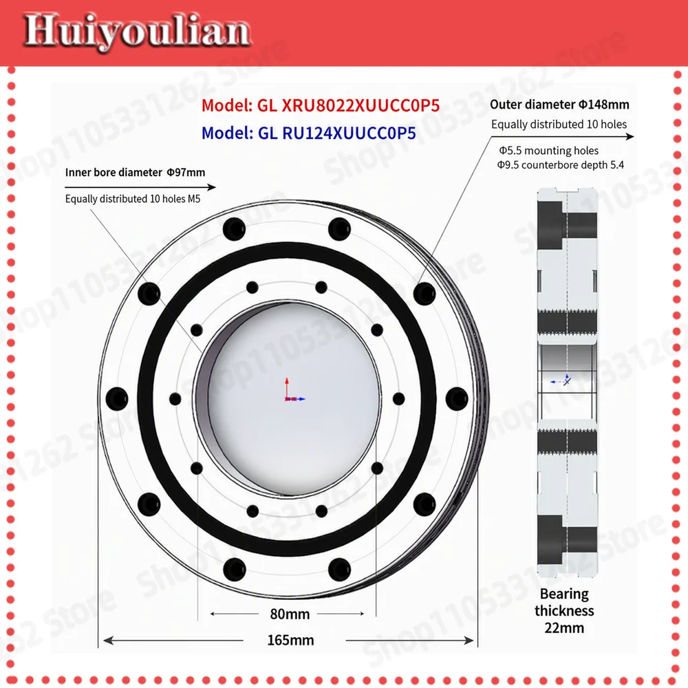 XRU8022XUUCC0P5 Crossed Roller Bearing 80x165x22mm Precision Thin Section Rotary Bearing with Mounting Holes for Robot Joint