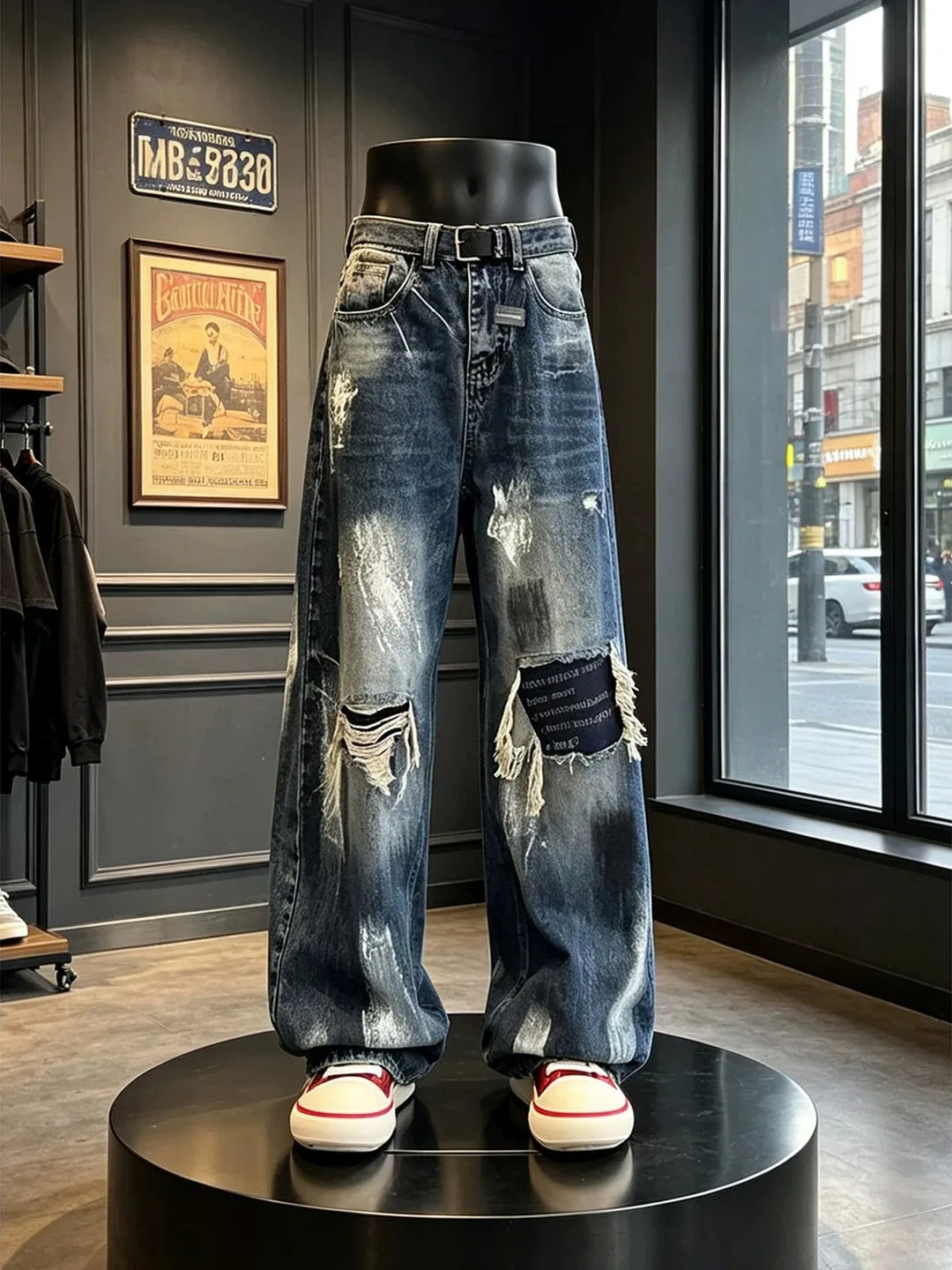 Destructive Loose Spray Painted Faux Hole Graffiti Denim Jeans Autumn Trendy American Wide Leg Pants Knife Long Trousers