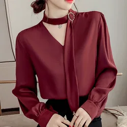 Blusas Mujer De Moda 2022 Verano Elegantes White Long Sleeve Blouses Chiffon Vetement Femme Chiffon V-Neck Wine Red Beading Tops