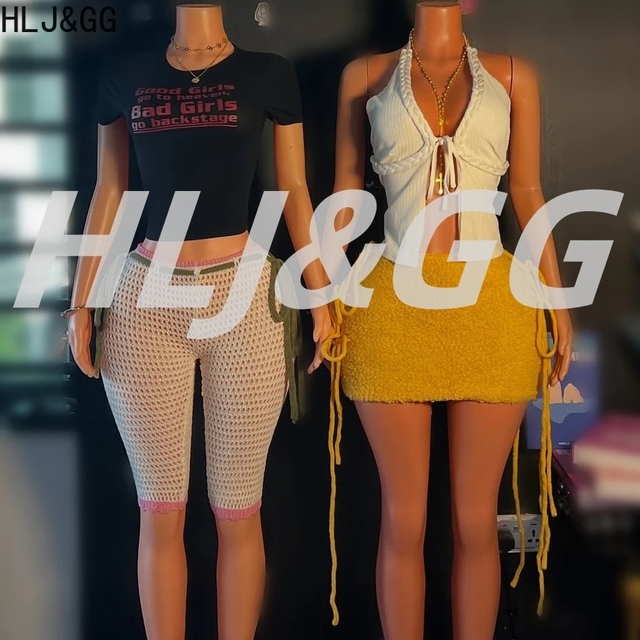 

HLJ&GG Fashion Letter Print Tshirts Two Piece Sets Women O Neck Slim Crop Top And Knitting Bandage Shorts Outfits Y2K Streetwear
