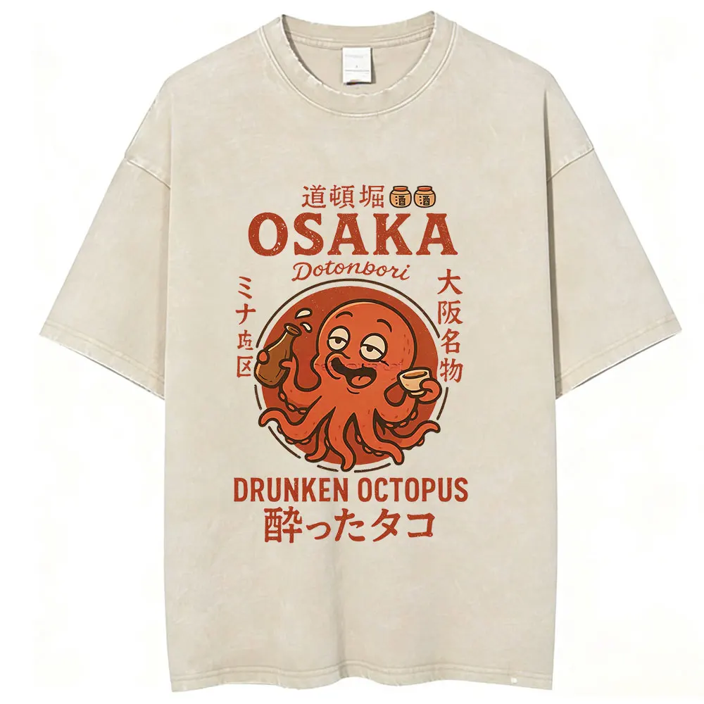 Vintage Washed Osaka Dotonbori Drunken Octopus Takoyaki Funny T Shirts Men Japanese Style Oversized Cotton Short Sleeve T-Shirts