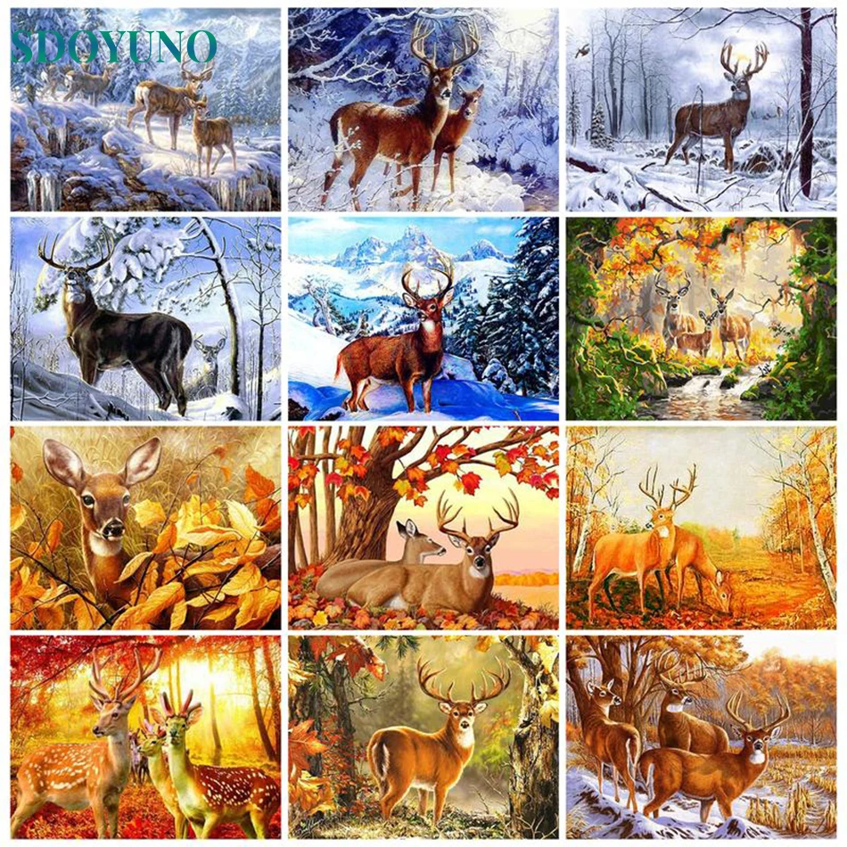 

SDOYUNO Paint Out By Numbers Kits For Adults Milu Deer Pictures Drawing On Canvas HandPainted Animals DIY Coloring By Number