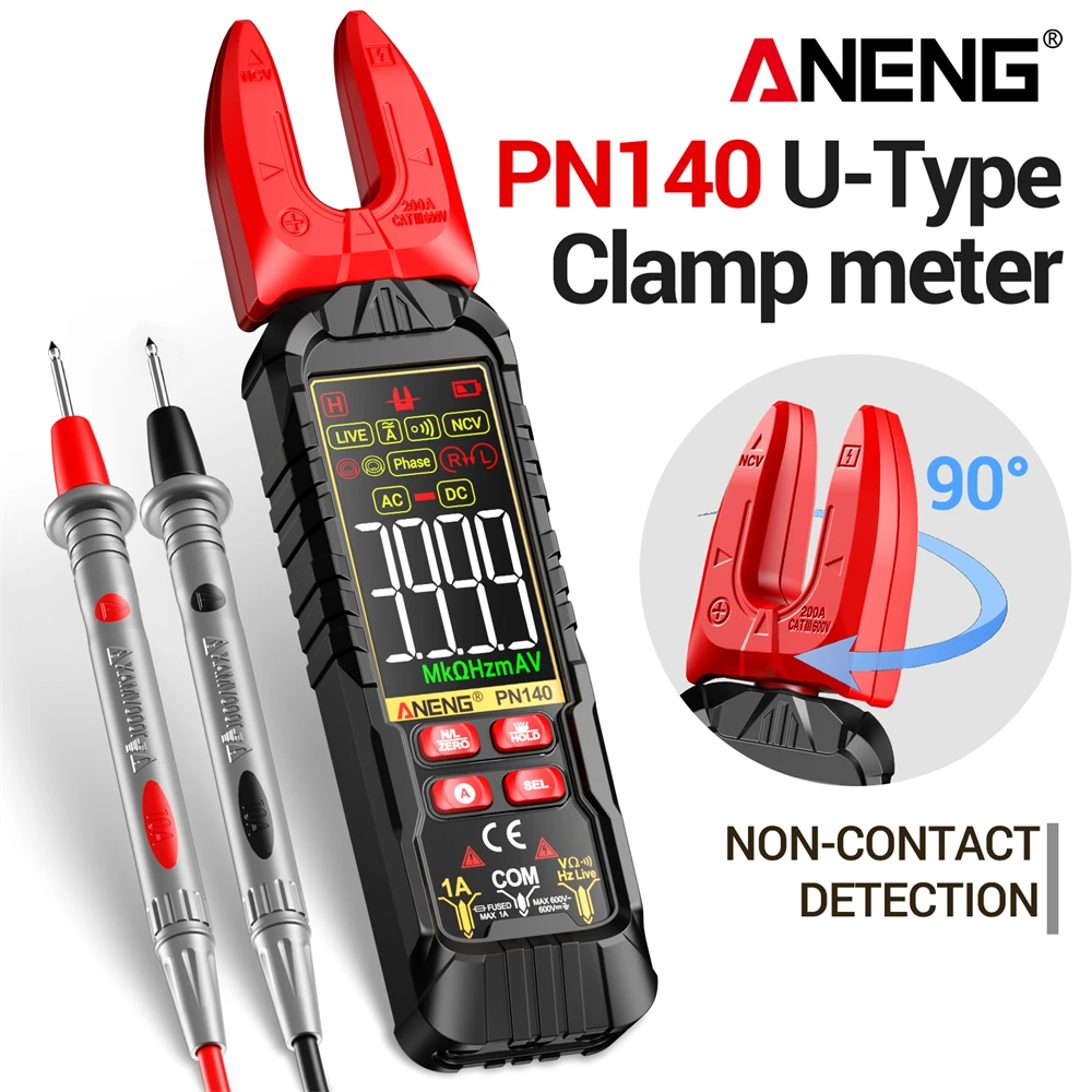 ANENG PN140 Intelligent Clamp Multimeter 90 Degree Rotatable U-Jaw Auto Color Identification LCD NCV Electrician Repair Tool