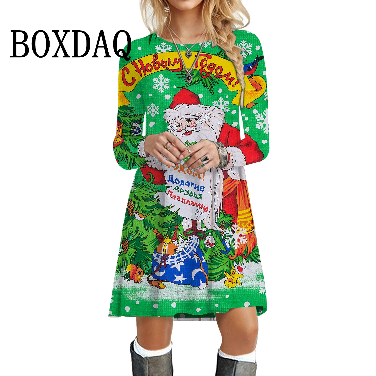 Kawaii Cartoon Santa Claus Dress Winter Christmas Festival Party Mini Dresses For Women Casual Long Sleeve Loose Oversized Dress