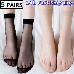 5pairs Summer Female Short Skin Socks Women Thin Crystal Transparent Black Ankle Sock Silk Smooth Non-slip Breathable Sexy Socks