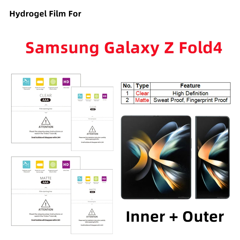 Inner + Outer Matte Hydrogel Film For Samsung Galaxy Z Fold4 Clear Protective Film Folding Phone Galaxy Z Fold4 Screen Protector