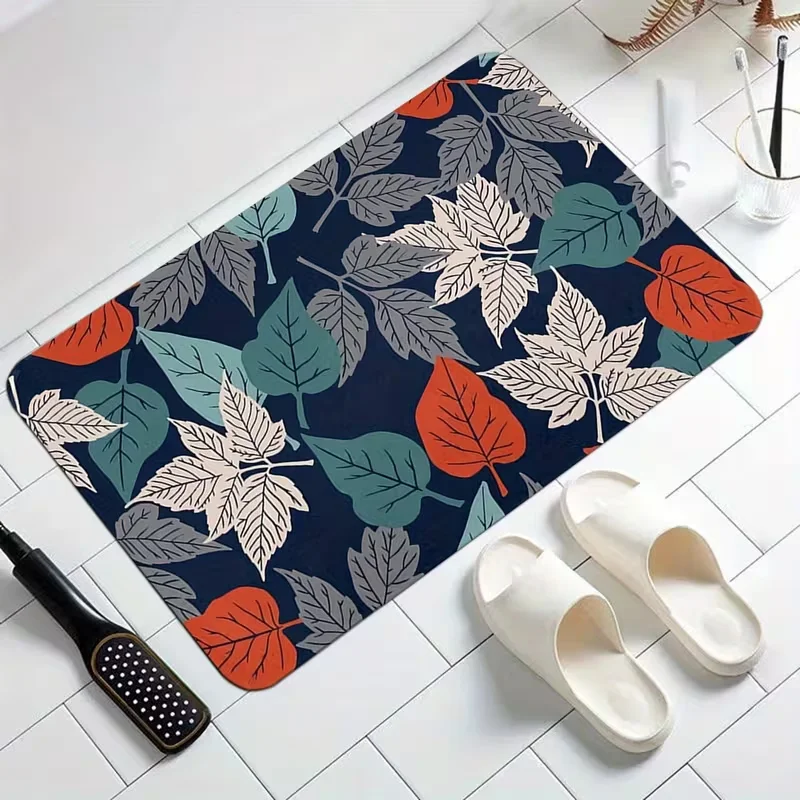 Retro Navy Blue Abstract Leaf Floral Door Mat Non Slip Floor Rug Vintage Botanical Geometric Print Entrance Carpet For Hallway