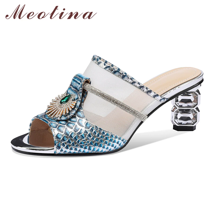 

Meotina Women Genuine Leather Slides Round Toe Stange Style High Heels Slippers Crystal Hollow Sandals Ladies Shoes Summer 42