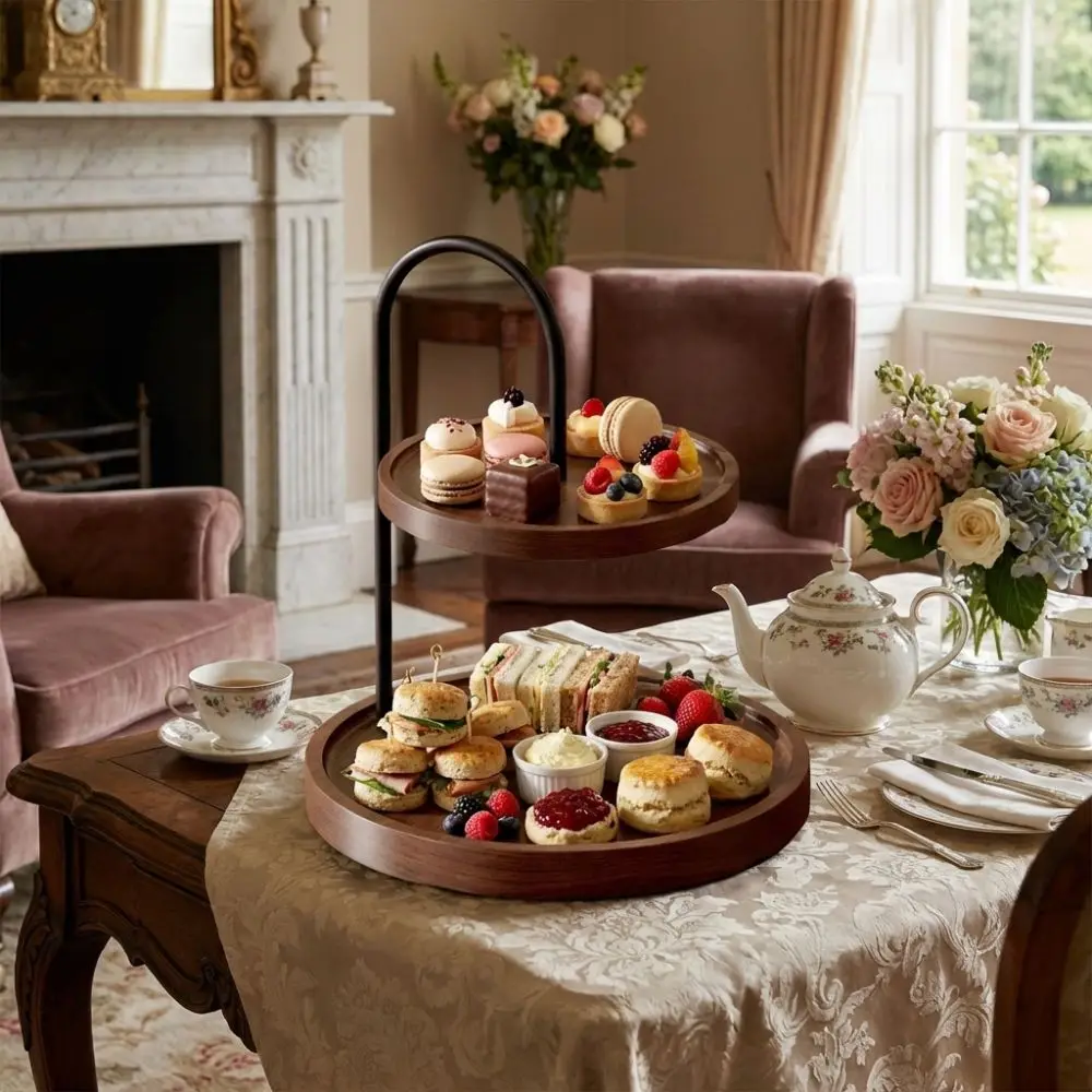 

Wooden Serving Tray Stand Space Saving Decorative Key Storage Rack Double Layer Large Capacity Two Tier Holder Home Entryway