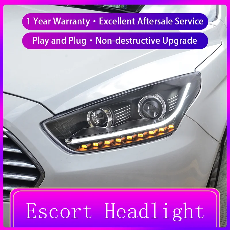 2 PCS Auto Car Lights For Ford Escort 2015-2018 Front Lamp Dynamic Projector Lens DRL Headlight LED Turn Signal Accessories