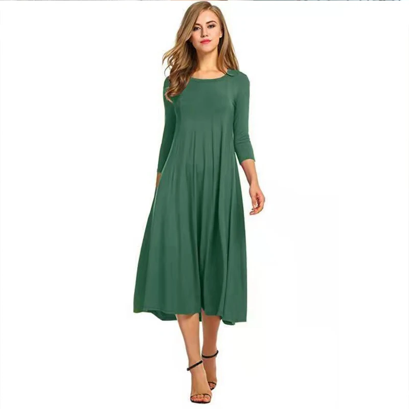 

2024 Summer Women's New Round Neck Mid Sleeve Dress Solid Flare Ladies Casual Dresses Vestidos