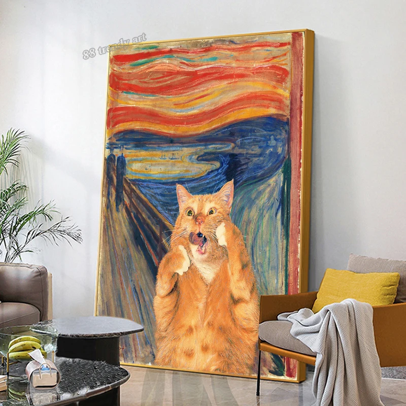 Abstract Art Screaming Cat Canvas Paining Funny Animals Posters Scream Cat Dog Wall Art Hanging Picture for Home Decor Cuadros