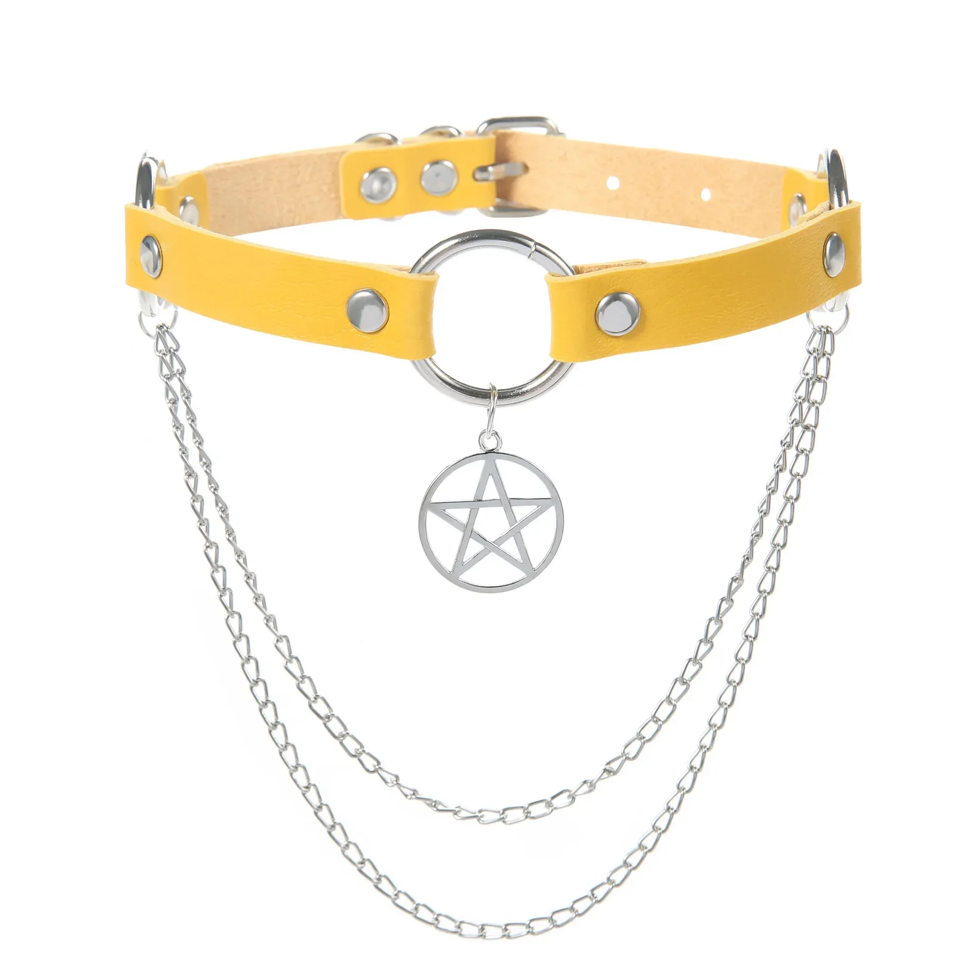 Punk Gothic Personality Rock and roll Dark style Non-mainstream Five-pointed star Chain Multicolored Leather Alloy Necklace