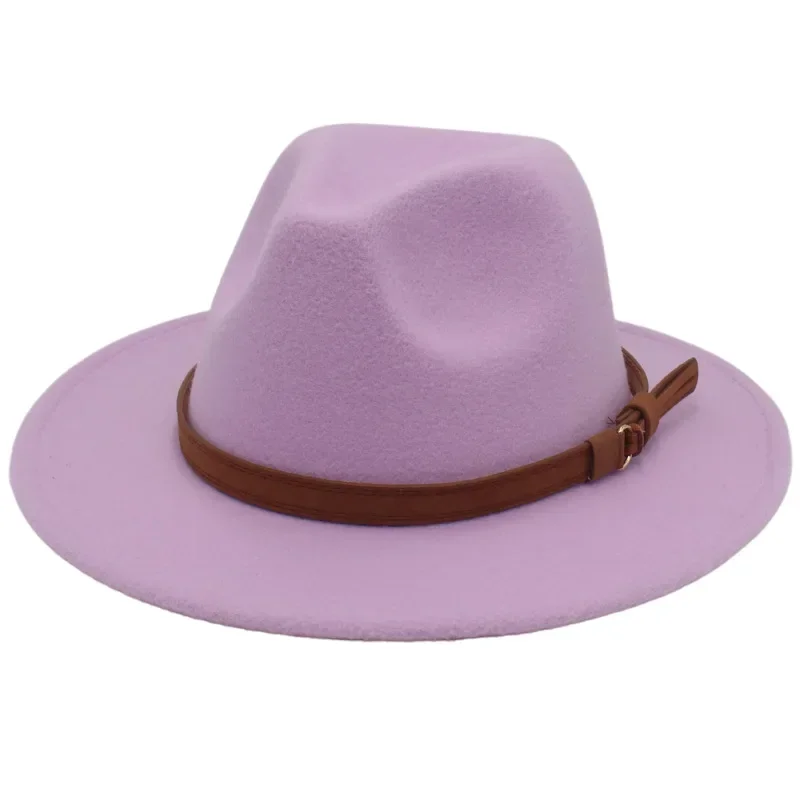 Sombreros Fedora con cinturón marrón clásico para hombre y mujer, sombrero de fieltro de Jazz para caballero, sombrero de vestir de ala ancha plana