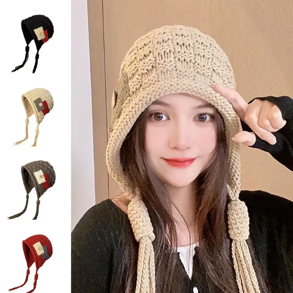 Harajuku تصميم محبوك قبعة مع شرابات طويلة الدفء يندبروف سدادات حماية الأذن قبعة زر الكورية نمط المرأة قبعة بحافة فتاة