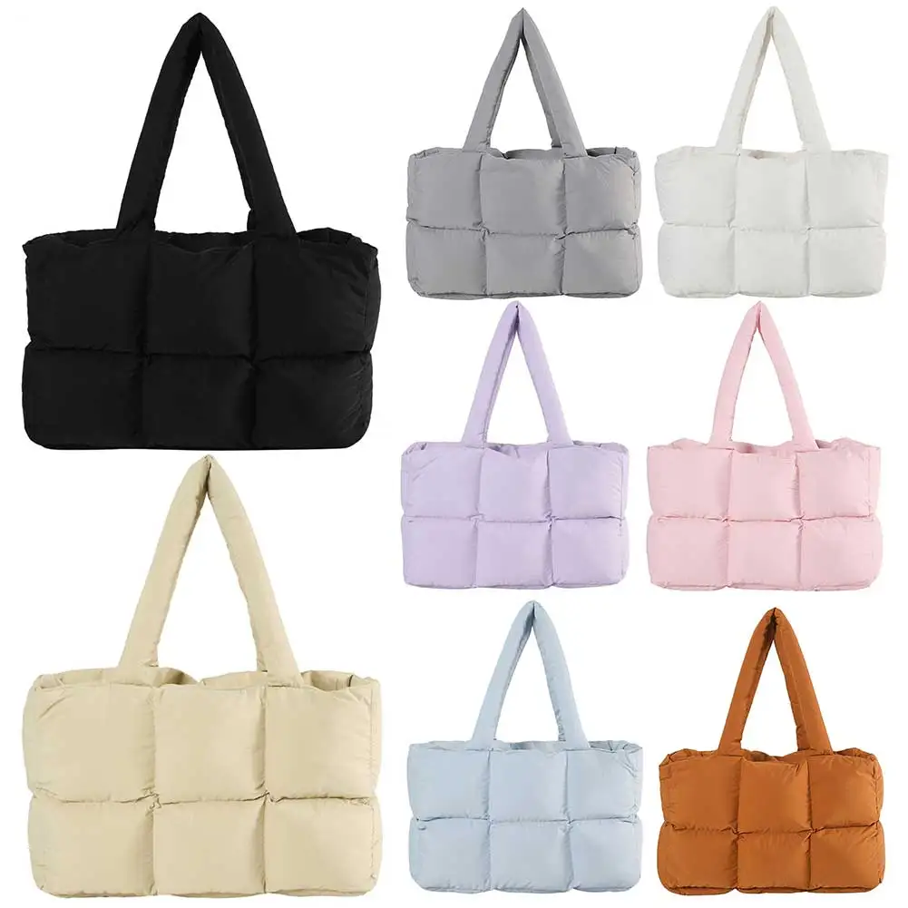 

Women Padded Handbag Solid Color Quilted Puffer Shoulder Bag Large Capacity Soft Cloud Tote Bag Trendy Commuting Bags