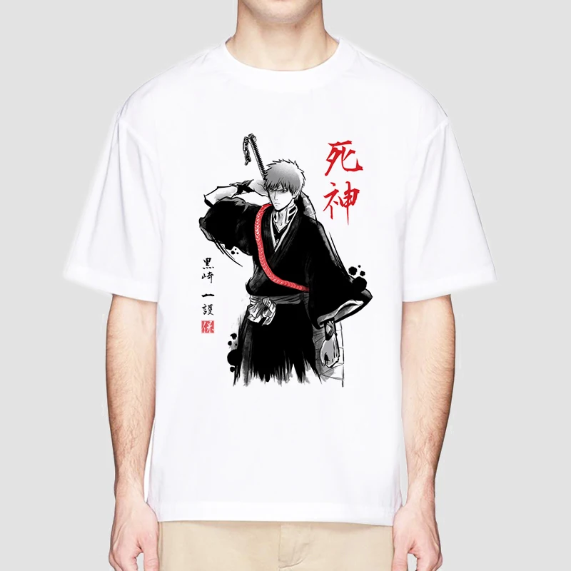 Anime Bleach T Shirt for Men Ichigo Graphic T Shirts White Japanese Harajuku Fashion Casual O-Neck Short Sleeve Tee Summer Top