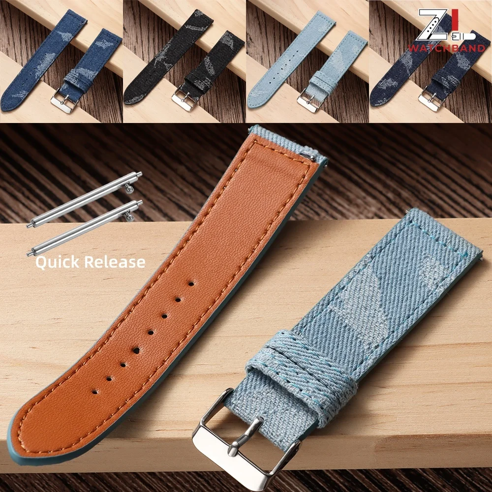 Bracelet de montre en toile à motif denim 20mm 22mm pour hommes et femmes, bracelet de sport à dégagement rapide, universel, en cuir vintage