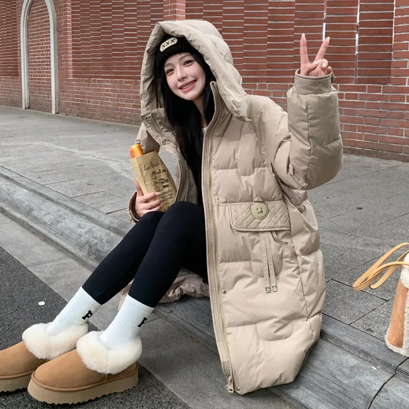 Chaqueta de plumón de longitud media para mujer, nueva moda de invierno, plumón de pato blanco, chaqueta gruesa y cálida con capucha, abrigo informal holgado con cuello levantado