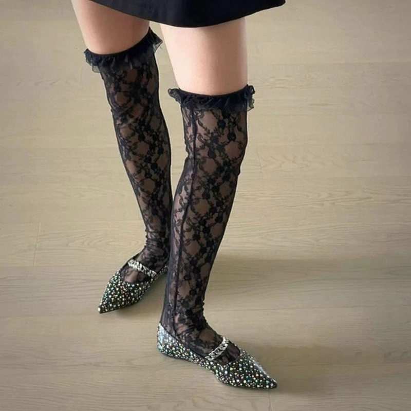 

Womens Japanese Sheer Flower Lace Fishnet Thigh High Stockings Sweet Layered Ruffle Trim Frilly Over Knee Long Socks