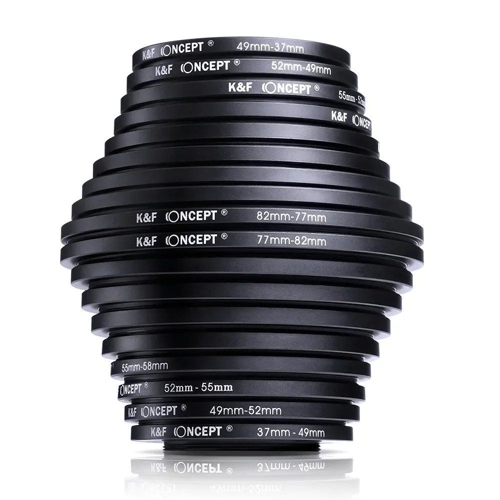 K&F Concept 18pcs Filtro de lente Step Up Ring 37-82mm e Step Down Ring 82-37mm Conjunto de acessórios para câmera Canon Nikon Sony Camera