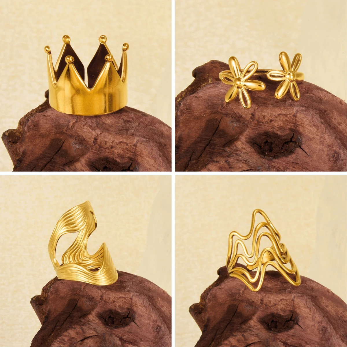 Classic Stylish Crown Flower Line Curved Irregular Rings Stainless Steel Opening Knuckle Ring Women Birthday Gift Luxury Jewelry